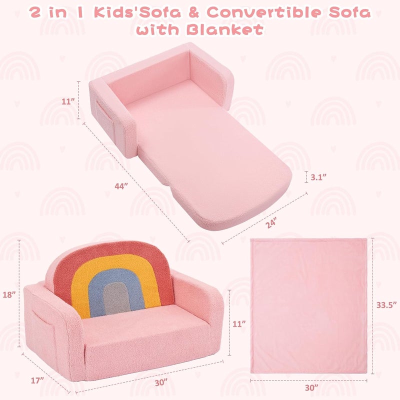 Foryoomi Extra Wide Kids Couch, 2-in-1 Soft Toddler Couch with Blanket, Comfy Toddler Chair, Convertible Sofa with Cute Colorful Rainbow Design, Pink - Image 2